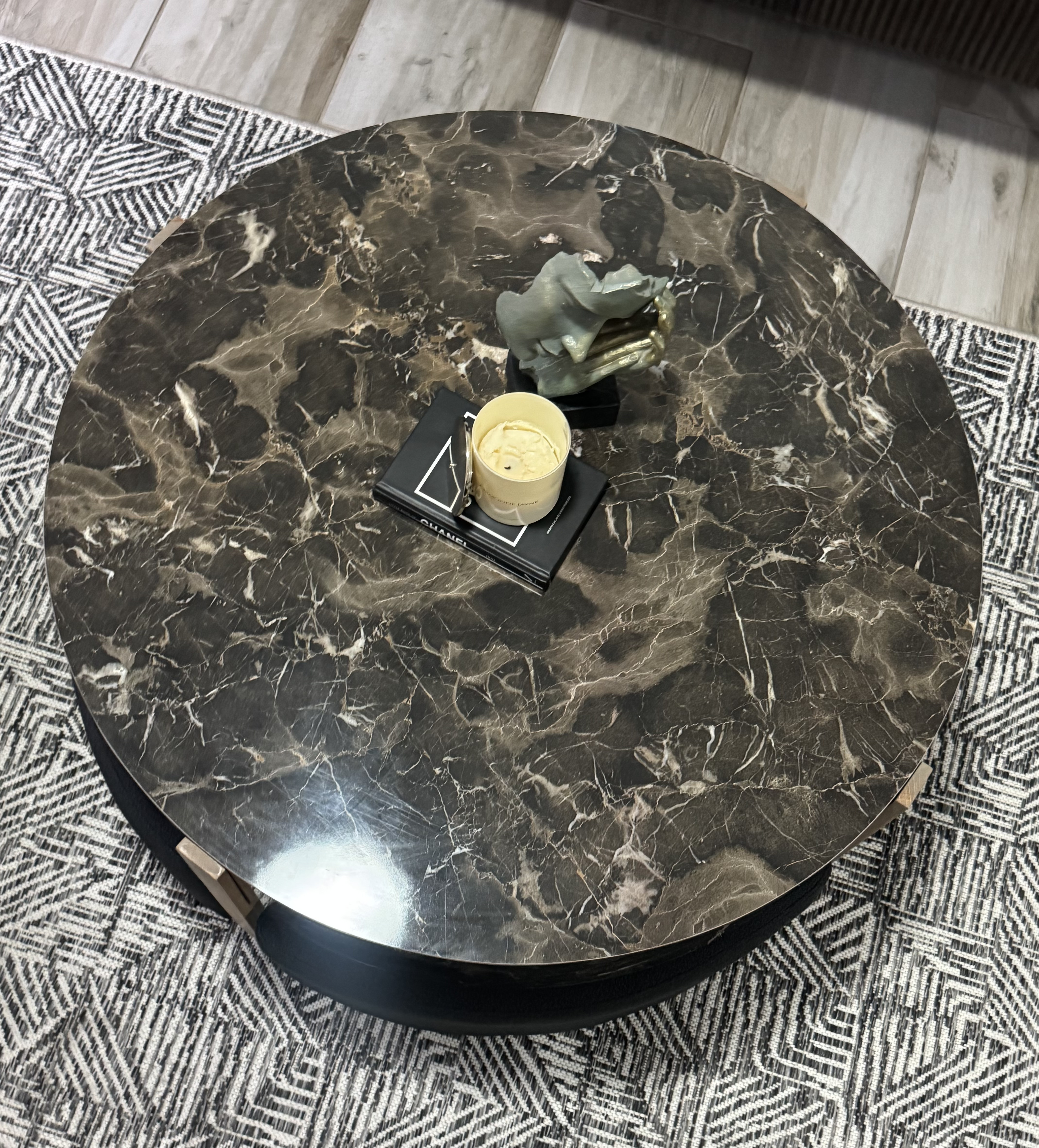 Custom bedside table with geometric wallpaper
